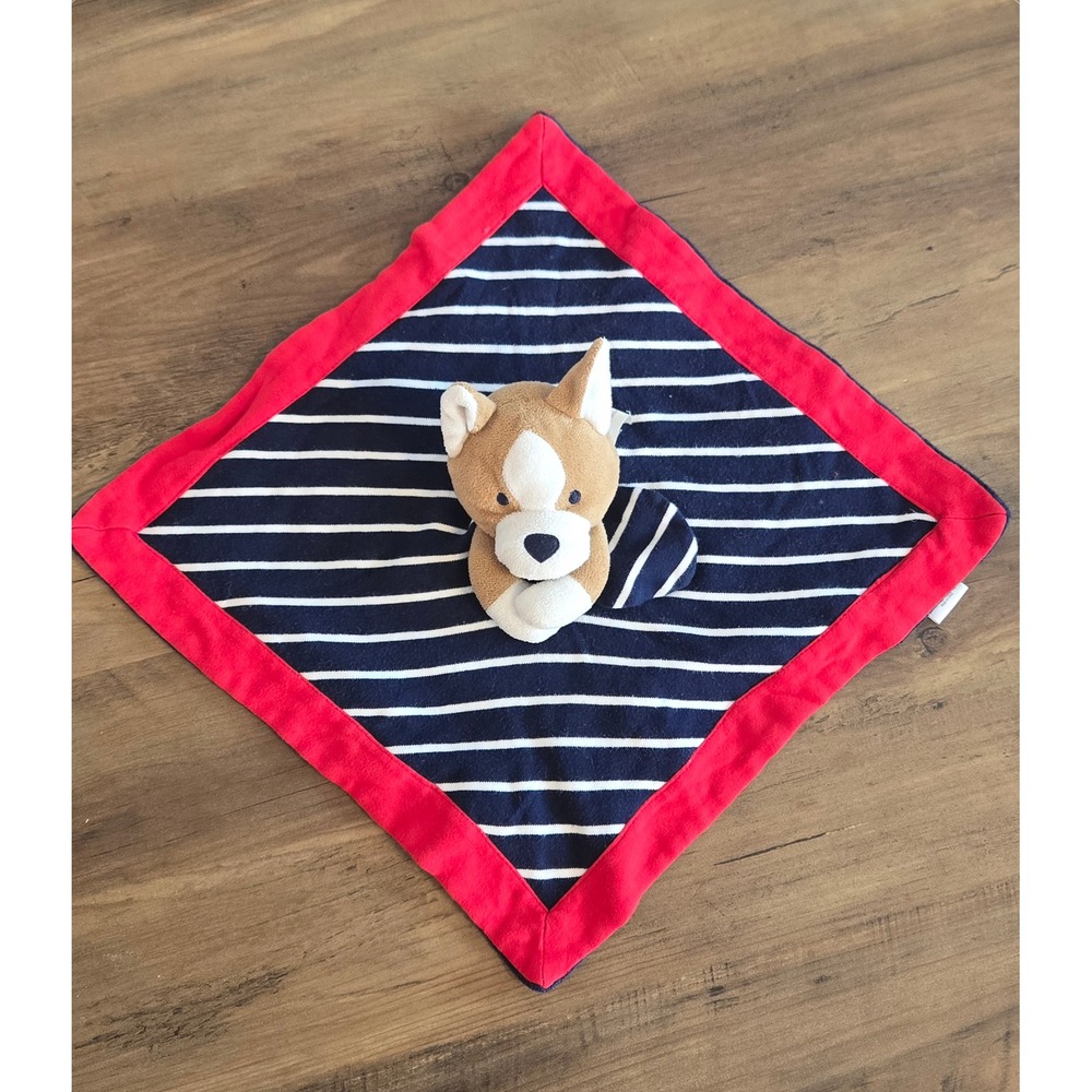 Gymboree Corgi Puppy Dog Security Blanket Lovey Navy White Stripe Red Trim